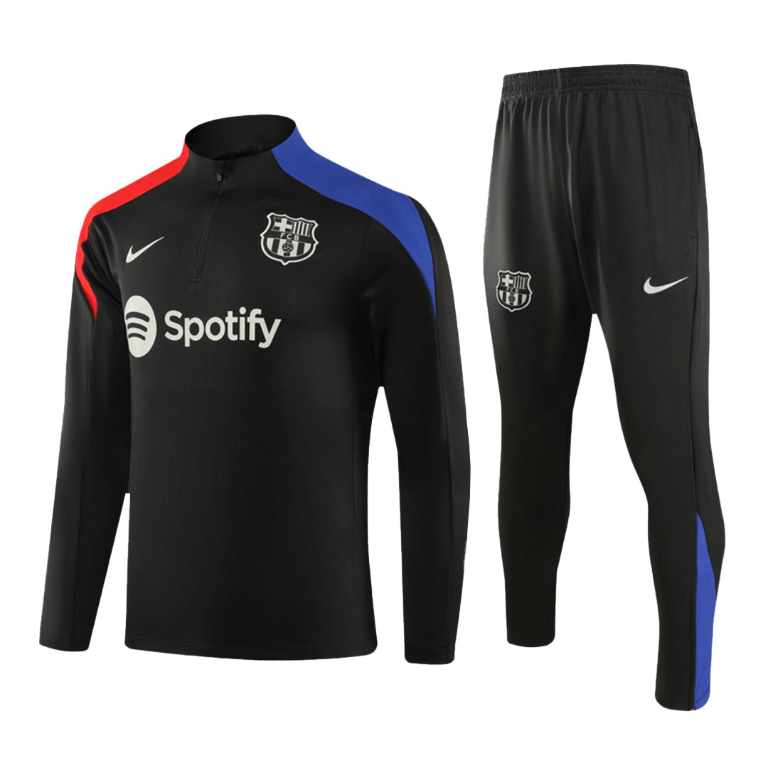 Barcelona 1/4 Zip Black Tracksuit Kit(Top+Pants) 2024/25 for Adults-The Jerseys Shop